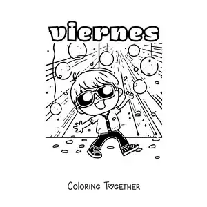 Coloring page of Friday with a boy dancing at a party