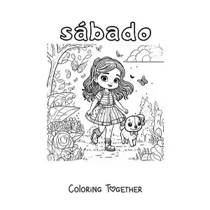 Coloring page of Saturday with a girl walking her dog in the park