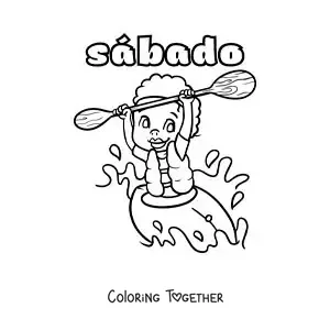 Coloring page of Saturday with a boy paddling a kayak