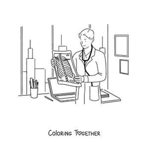Coloring page of a female doctor looking at x-rays in an office