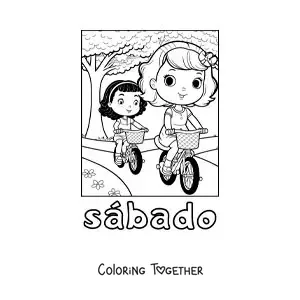 Coloring page of Saturday with two girls riding bikes in the park