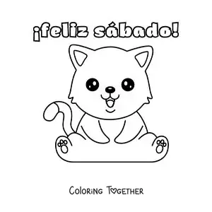 Coloring page of a happy Saturday with a cute cartoon cat