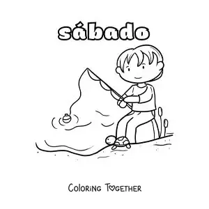 Coloring page of Saturday with a boy fishing in a lake