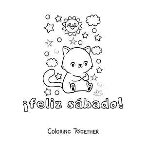 Coloring page of a happy Saturday with a cartoon cat