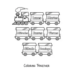 Coloring page of a train with the days of the week for kids