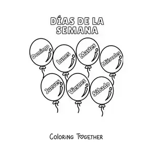 Coloring page of balloons with the days of the week for kids