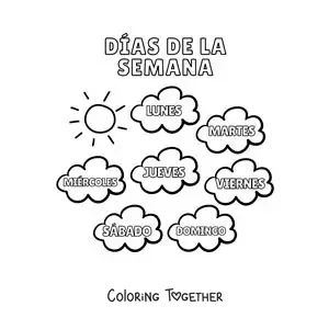 Coloring page of clouds with the days of the week for kids