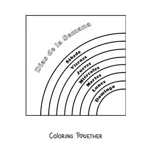 Coloring page of a rainbow with the days of the week for kids