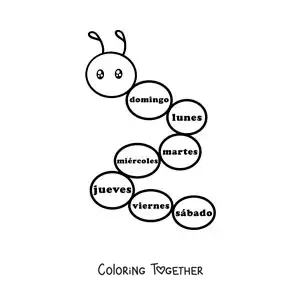 Coloring page of a worm with the days of the week for kids