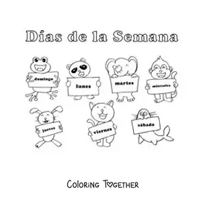 Coloring page of cartoon animals with the days of the week for kids
