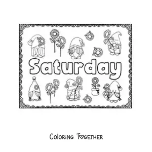 Coloring page of a Saturday sign with cartoons
