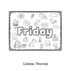 Coloring page of a Friday sign with cartoons