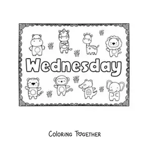 Coloring page of a Wednesday sign with cartoons
