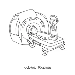 Coloring page of a doctor performing an MRI scan on a patient