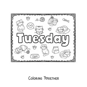 Coloring page of a Tuesday sign with cartoons