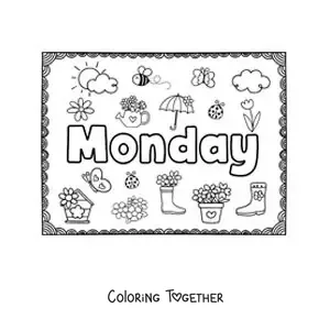 Coloring page of a Monday sign with cartoons