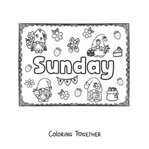 Coloring page of a Sunday sign with cartoons