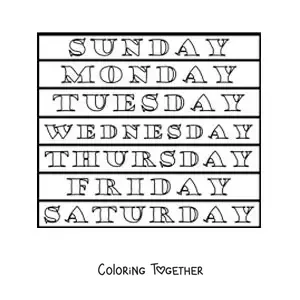 Coloring page of the days of the week in English