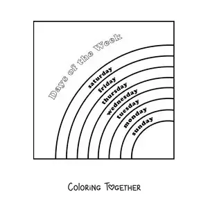 Coloring page of a rainbow with the days of the week in English