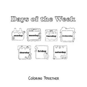Coloring page of cards with the days of the week in English
