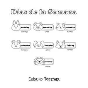 Coloring page of cards with the days of the week in English and Spanish
