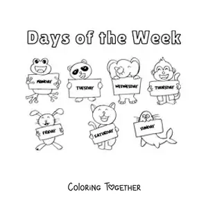 Coloring page of cartoon animals with the days of the week in English