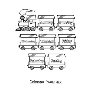 Coloring page of a train with the days of the week in English