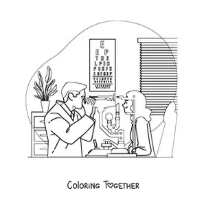 Coloring page of an ophthalmologist examining a patient