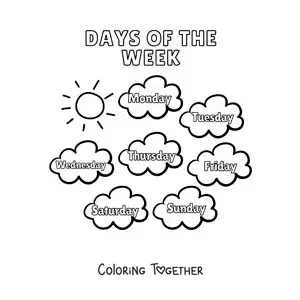 Coloring page of clouds with the days of the week in English