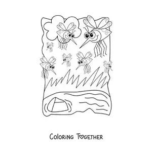 Coloring page of cartoon mosquitoes near a body of water