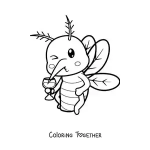 Coloring page of a cartoon mosquito drinking blood from a glass
