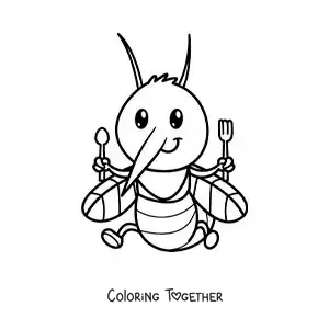 Coloring page of a cartoon mosquito with cutlery