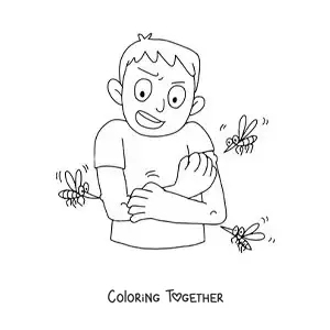 Coloring page of a dengue mosquito biting a boy
