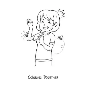 Coloring page of a mosquito biting a girl