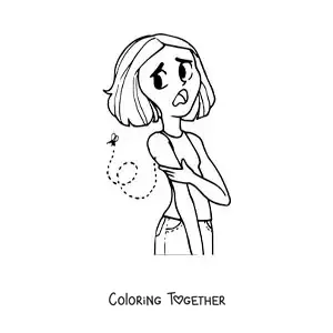 Coloring page of a girl with a mosquito bite