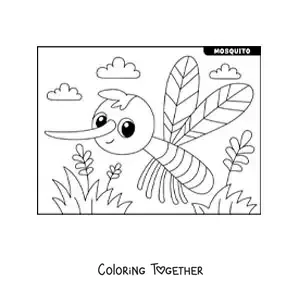 Coloring page of a cartoon Aedes aegypti mosquito with flowers