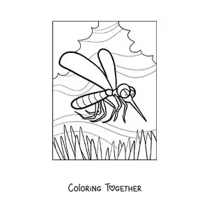 Coloring page of an evil cartoon mosquito flying