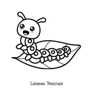 Coloring page of a kawaii caterpillar on a leaf