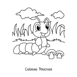 Coloring page of a cartoon caterpillar in the garden