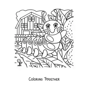 Coloring page of a cartoon caterpillar on a leaf