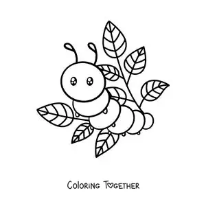 Coloring page of a kawaii caterpillar with leaves