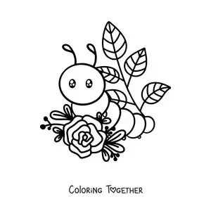 Coloring page of a kawaii caterpillar with leaves and flowers