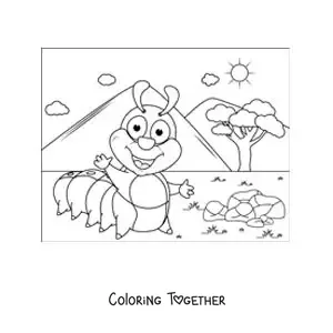 Coloring page of a smiling cartoon caterpillar in the field