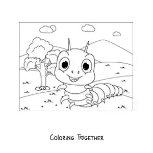 Coloring page of a happy cartoon caterpillar in the park
