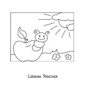 Coloring page of a cartoon caterpillar on an apple