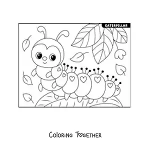 Coloring page of a cute cartoon caterpillar on a leaf