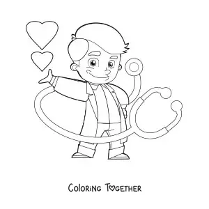 Coloring page of a cartoon doctor with a stethoscope surrounded by hearts