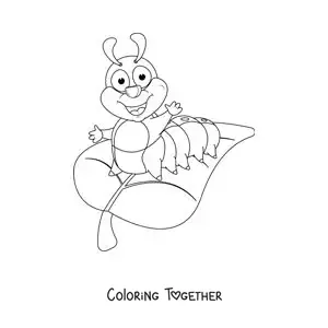 Coloring page of a smiling caterpillar on a leaf in cartoon style