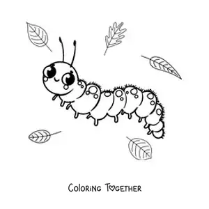 Coloring page of a cute caterpillar for kids with leaves