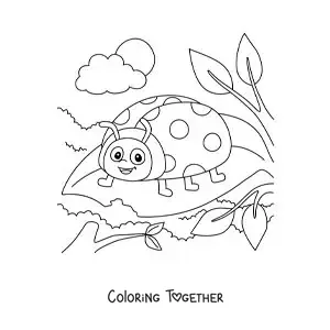 Coloring page of a cartoon ladybug eating a leaf